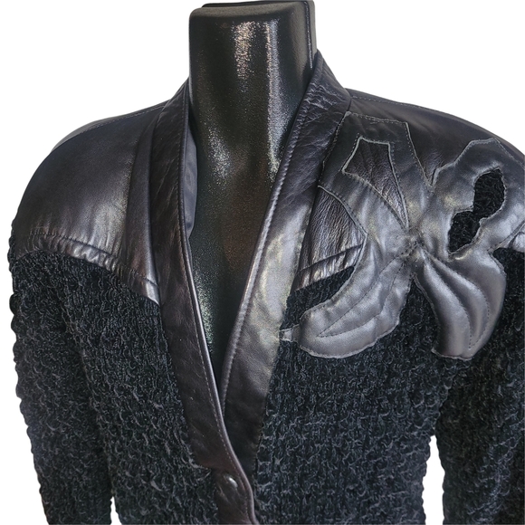 Vintage 80's Valzere Black Leather and Faux Shearling Jacket S - Picture 2 of 8